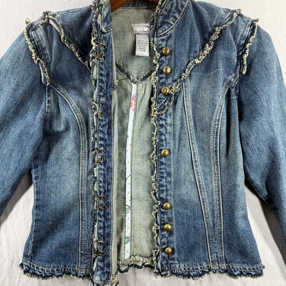Rave Y2K Victorian Denim Jacket High Neck Hook & Eye Fitted Womens M - Picture 4 of 9